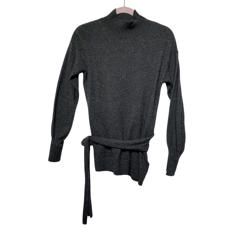 Club Monaco Womens 100% Cashmere Mock Neck Wrap Sweater XS Charcoal Grey Tie